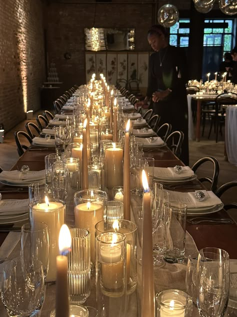 Taper Candles Tablescape, Lights And Candles Wedding Decor, Candle Taper Centerpieces, Night Wedding Table Decor, Cluster Candles Wedding, Wedding Reception Candle Decor, Candle Lit Tablescape, Candle Table Runner Wedding, Decorating Pillars For Wedding