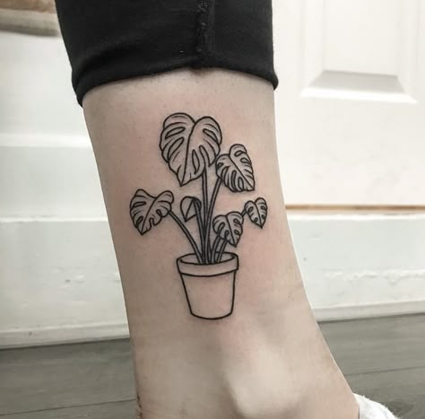 Simple Whimsical Tattoo, Monstera Tatoos, Cute Filler Tattoos, Plant Tattoos For Women, Potted Plant Tattoo, Monstera Plant Tattoo, Houseplant Tattoo, Monstera Tattoo, Aa Tattoos