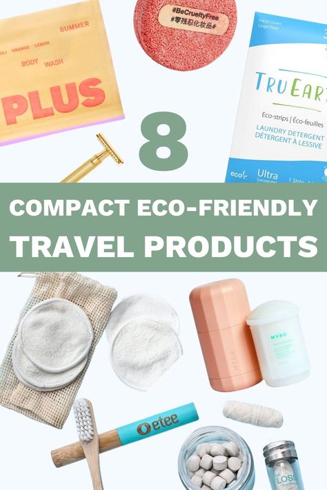 Collage of eco-friendly products including reusable cotton pads, deodorant, chewable toothpaste tablets, laundry detergent strips, solid shampoo bars, and package dissolvable body soap. Sustainable Travel Products, International Travel Essentials, Be More Mindful, Trip Packing, Packing Essentials, Road Trip Packing, Eco Travel, Packing Lists, Travel Products