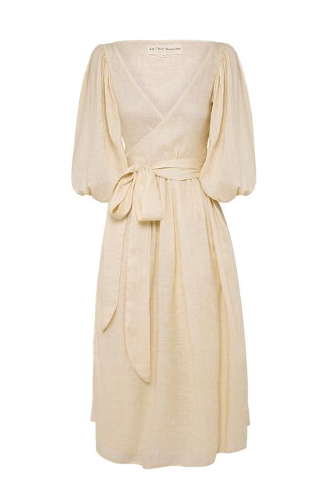 8c01a75941549a705cf7275e41b21f0ddesc52286344ri Linen Wrap Dress, Midi Wrap Dress, Creation Couture, Cream Dress, Linen Dresses, Balloon Sleeves, Linen Dress, Natural Linen, Crochet Dress