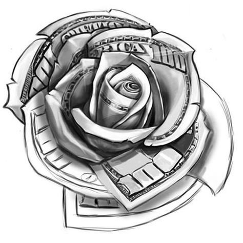 Money Rose Tattoo, Tato Mandala, Dollar Tattoo, Rose Tattoo Stencil, Tato Flash, Money Rose, Gangsta Tattoos, Money Tattoo, Chicano Tattoos