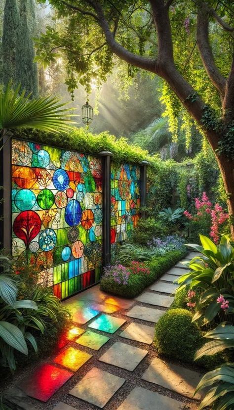 20 Charming Decorative Fence Concepts to Elevate Your Garden 36 Garden Fencing Ideas Decorative, Stained Glass Fence, Door Fence Ideas, Solar Lights Fence, Cool Fence Ideas, Decorative Fence Ideas, Beautiful Fences, Ornamental Fence, Wildflower Farm