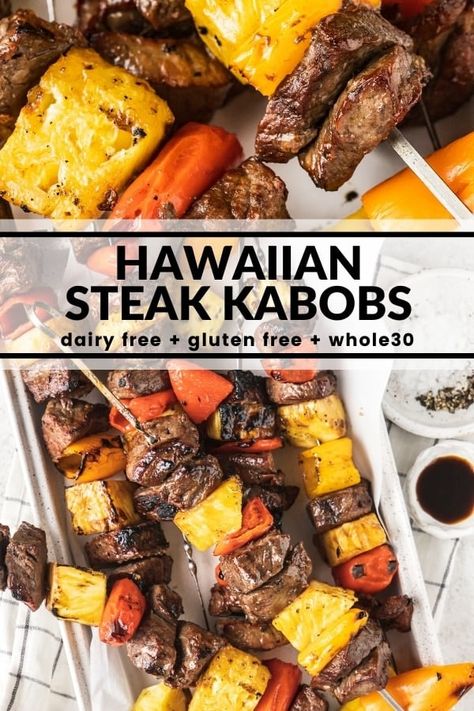 You'll love these delicious AND EASY kabobs with steak, sweet mini peppers, and pineapple. It's a quick grilling entree that wows! Healthiest Cheese, Hawaiian Steak, April Meals, Grilled Kabobs, Easy Kabobs, Whole30 Meals, Luau Food, Healthy Cheese, 30 Diet