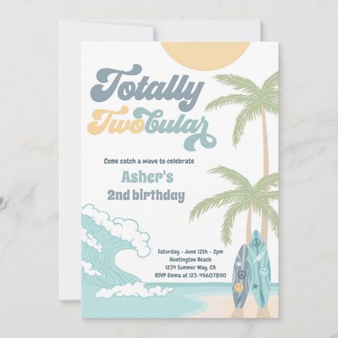 Two Rad Surf Birthday Party, Two Rad Birthday Party, Surfs Up Birthday Party, Totally Twobular, Surf 1st Birthday, Retro Surfboard, Beach Birthday Invitations, Beach Theme Birthday, Surf Birthday Party