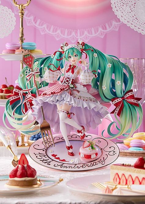 Hatsune Miku: 15th Anniversary Ver. Motif Outfit, Hatsune Miku 15th Anniversary, Miku Chan, Miku Cosplay, Strawberry Decorations, 3d Figures, Vocaloid Characters, Tokyo Otaku Mode, Anime Figurines