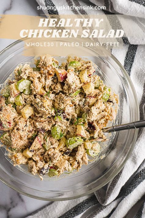 healthy chicken salad made with celery, chicken, lemon, apple, cranberries, walnuts and paleo mayo Dairy Free Chicken Salad, Chicken Salad Lettuce, Easy Gluten Free Dinner, Classic Chicken Salad, Healthy Chicken Salad Recipe, Salad Wrap, Chicken Salad Wrap, Keto Meal Ideas, Salad Lettuce