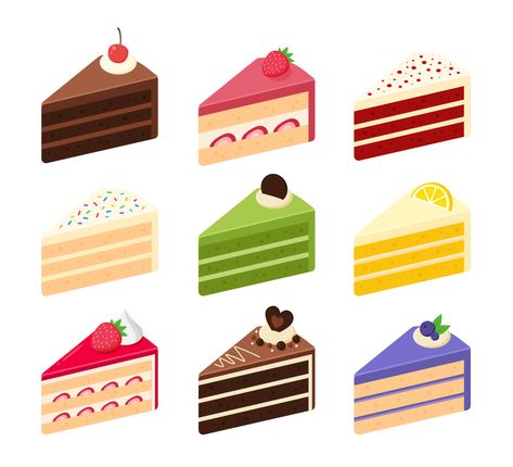 Collection of cake slices. Chocolate, strawberry, red velvet, vanilla, matcha or green tea, lemon, and blueberry cake. Isometric sweets icon. Cute cartoon vector illustration. Cafe sweet dessert menu. 13708089 Vector Art at Vecteezy Desserts Drawing, Cake Icon, 심플한 그림, Cake Vector, Dessert Illustration, Cake Drawing, Food Doodles, Cake Illustration, Icon Cute