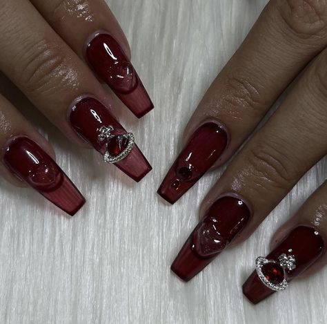 Older Nail Designs, Prom Nails Dark Red, Burgundy Nails With Gems, Red Gel X Nail Designs, Dark Red Nails With Charms, Red Emo Nails, Chinese Red Nails, Dark Red Acrylic Nails Design, Blood Red Nails Design