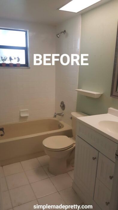 Colored Bathtub, Small Bathroom Renos, Small Bathroom With Tub, Outdated Bathroom, Tub Remodel, Rental Bathroom, Small Bathroom Diy, Cheap Bathroom Remodel, Small Bathroom With Shower