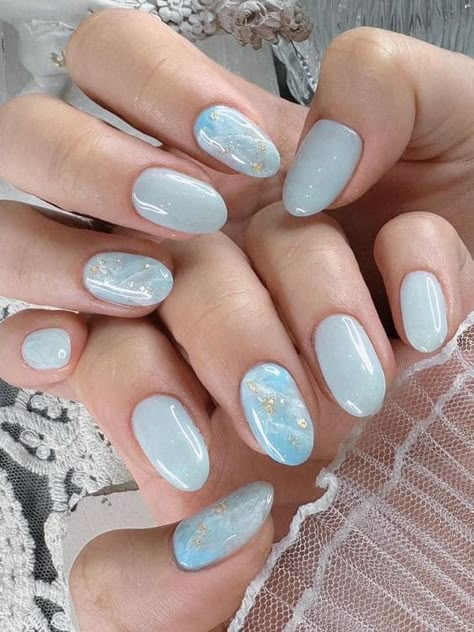 Light Blue Bridal Nails, Light Blue Nail Designs 2024, Sky Blue Gel Nails, Blue Blush Nails, Light Blue Wedding Nails, Light Summer Nails, Nail Art Baby Blue, Uñas Baby Blue, Korean Summer Nails