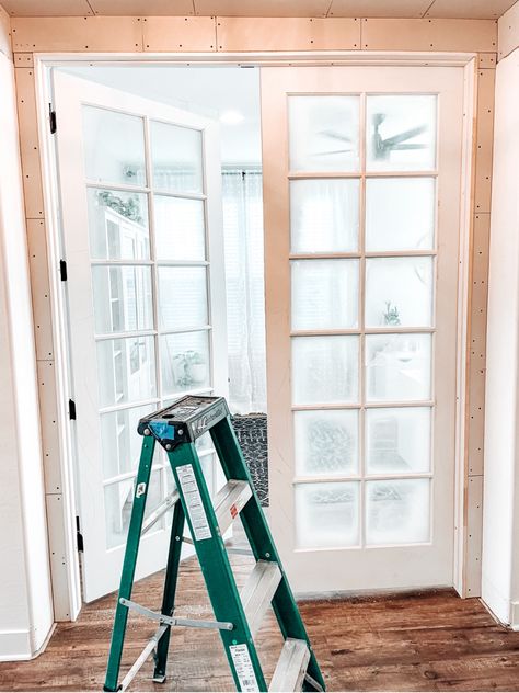 Add French Doors To Room, How To Add French Doors To A Room, Installing Interior French Doors Diy, French Door Installation, Add French Doors To Opening, Install French Doors Interior, How To Install A Door Without A Frame, How To Install French Doors, Adding French Doors To A Room