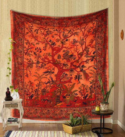 PRICES MAY VARY. 100% COTTON AND HANDMADE:100% cotton mandala handmade psychedelic tapestry, made in India. It is comfy, skin-friendly and durable enough to be home decor for all seasons. This Cotton Tapestry is Amazingly Hand Crafted by Local Artists. Size: 84X90 Inch Color: Orange -This wall hanging tapestries are versatile and time proof for both indoor and outdoor use. This gorgeous piece of art can be used as a Poster, Table Cover, wall décor. , MAKES A GREAT WALL HANGING: Wall Art, Wall De Cloth Room, Hippie Bedroom Decor, Green Tapestry, Tree Of Life Tapestry, Blanket Wall, Hippie Bedroom, Small Tapestry, Tree Tapestry, Mandala Tapestries Wall Hangings