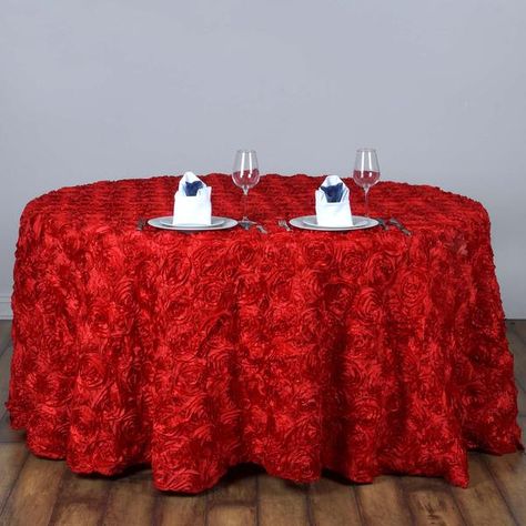 Rosette Tablecloth, Satin Ribbon Roses, Wedding Tablecloths, Table Overlays, Chair Sashes, 3d Rose, Mantel Redondo, Table Skirt, Red Table