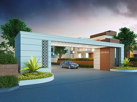 Orchid Bungalows on Behance Boundary Wall Design Ideas, Sliding Gate Ideas, Entrance Gateway, Entrance Apartment, Boundary Wall Design, 3 Storey House Design, Compound Wall Design, Boundary Wall, Wall Decor Aesthetic