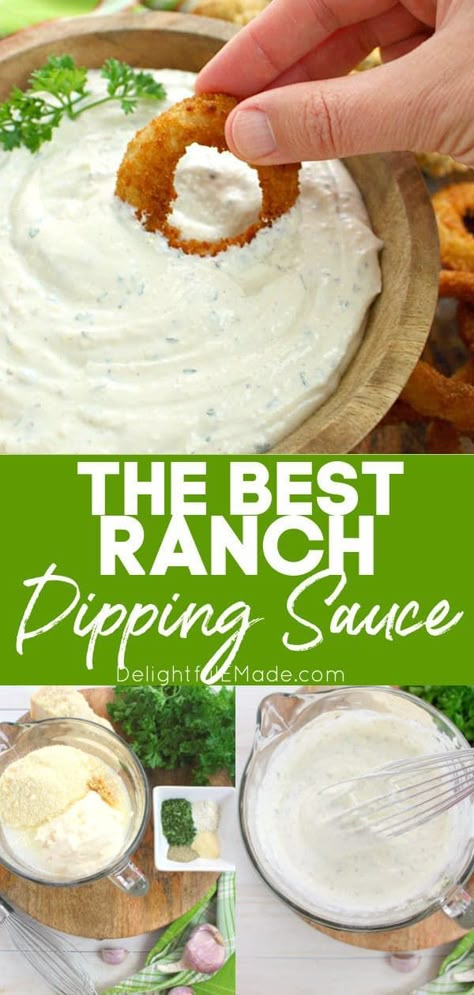 The great flavors of Parmesan cheese and ranch dressing come together for one amazing dip and spread! Perfect for fries, onion rings, chicken tenders & wings and more, this Ranch Dipping Sauce will be your new favorite condiment to put on everything! || Delightful E Made Ranch Dipping Sauce For Fries, Gluten Free Ranch Dip, House Ranch Recipe, Ranch Dip For Wings, Chicken Wing Dipping Sauce Recipes, Taquitos Dipping Sauce, Homemade Dipping Sauce For Chicken, Best Ranch Dip, Dipping Sauce For Wings