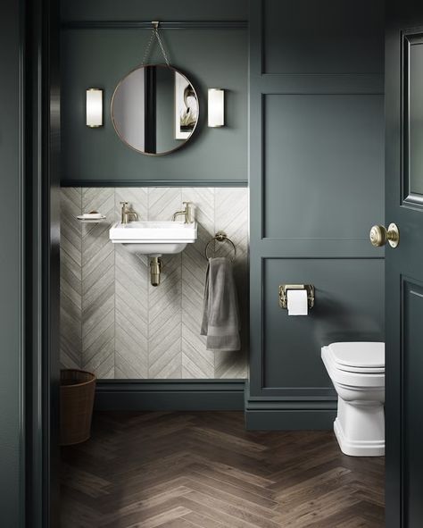 Bathroom Splashback, Small Downstairs Toilet, Cloakroom Toilet, Heritage Bathroom, Green Tile Bathroom, Downstairs Cloakroom, Timeless Bathroom, Downstairs Loo, Cloakroom Basin