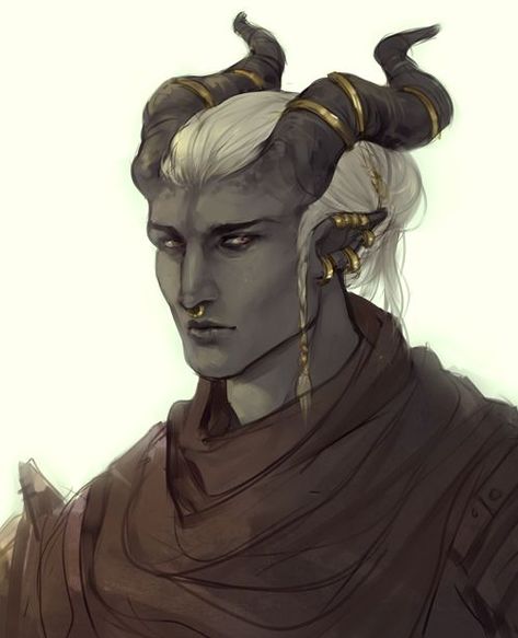 Teifling Horn Jewelry, Horn Jewelry Drawing, Dragon Age Qunari Art, Adaar Dragon Age, Qunari Male Art, Tiefling Ears, Horn Jewelry Tiefling, Tiefling Jewelry, Tiefling Horn Jewelry