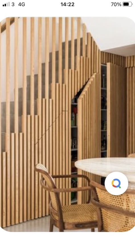 Wooden Slat Stair Wall, Internal Staircase Design Ideas, Stairs Slat Wall, Wood Slat Wall Stairway, Wood Slat Staircase, Slatted Staircase, Slat Wall Staircase, Open Stairs Makeover, Fancy Stairs