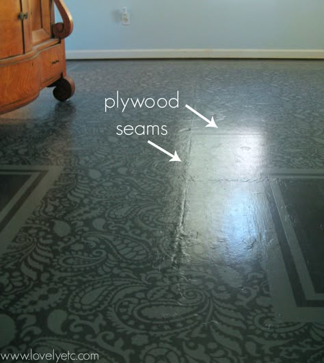 Painted Plywood Floor Update: The Good, The Bad, and The Ugly - Lovely Etc. Particle Board Floor, Painting Plywood, Painted Plywood Floors, Painted Hardwood Floors, Painting Basement Floors, Plywood Subfloor, Painted Plywood, Painted Wood Floors, Plywood Floor