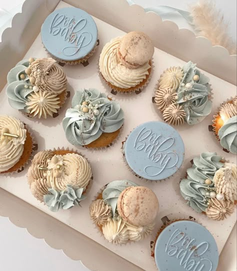 Blue And Brown Cupcakes, Gender Neutral Cupcake Ideas, Gender Neutral Cupcakes, Boho Baby Shower Cupcakes, Blue Cupcake Ideas, Blue Baby Shower Cupcakes, Teddy Cupcakes, Baby Shower Cupcakes For Boy, Elegant Cupcakes