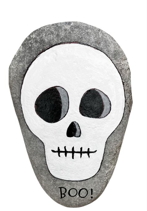 Halloween painted rock #cute skull Simple Halloween Rock Painting Ideas, How To Paint A Skull, Skeleton Painting Ideas, Skull Rock Painting, Halloween Painted Rocks, Skeleton Face Paint, Pebble Crafts, Halloween Jewellery, Tales Of Halloween