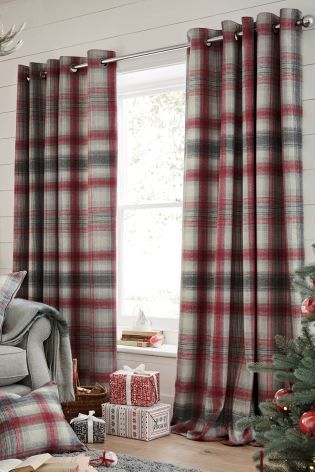 Valances For Living Room, Plaid Curtains, Cabin Living Room, Velvet Drapes, Eyelet Curtains, Cabin Living, Custom Drapes, Red Curtains, Living Room Grey