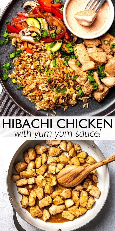 This Hibachi Chicken recipe is easy and delicious, with savory chicken, crisp-tender veggies, and authentic fried rice. With a side of creamy yum yum sauce, it’s sure to be a hit! Recipes With Yum Yum Sauce, Easy Hibachi Chicken, Authentic Fried Rice, Hibachi Chicken Recipe, Easy Hibachi, Homemade Hibachi, Hibachi Recipes, Hibachi Chicken, Yum Sauce