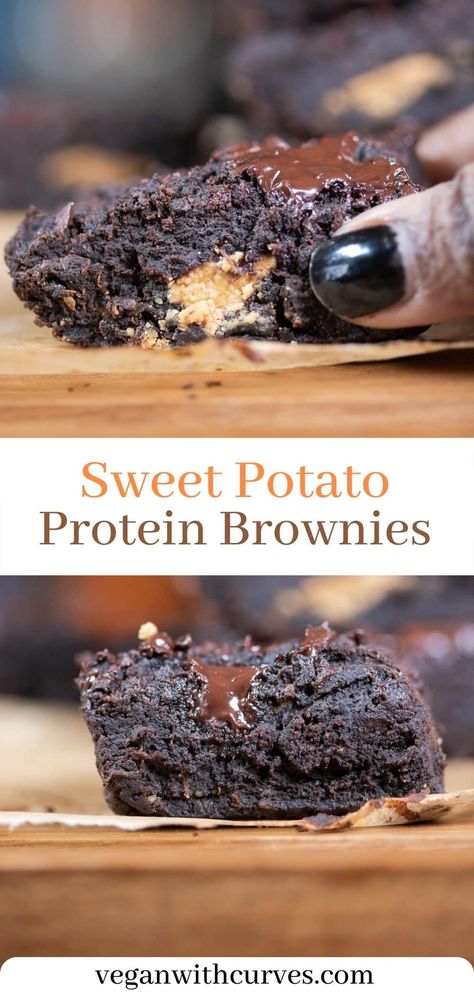 What's better than dessert for a post work out meal? These sweet potato protein brownies are a fun way get your protein needs met for those vegan curves! Sweet Potatoe Brownie Healthy Vegan, Sweet Potato Protein Brownies, Vegan Protein Dessert Recipes, Sweet Potato Oatmeal Bars, Vegan Protein Brownies, High Protein Sweet Potato Recipes, Baseball Foods, Low Gi Desserts, Protein Sweet Potato