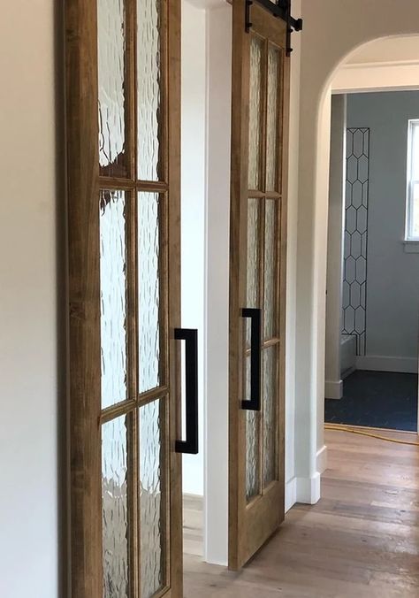 French Barn Door Pantry, Barn Door With Frosted Glass Panels, Double Barn Doors Living Room, Industrial Farmhouse Interior Doors, Glass Panel Barn Door, Sliding Barn Door Laundry Room, Classic Barn Door, French Barn Door, Flemish Glass Door