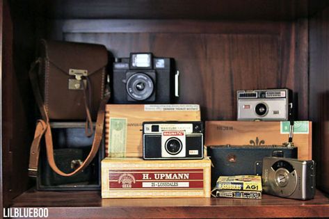 A Tour of Our House – Living Room and Office Old Camera Display, Vintage Camera Display Ideas, Vintage Camera Display, Camera Display, Antique Booth Ideas, Bookshelf Ideas, Living Room And Office, Camera Collection, Devine Design