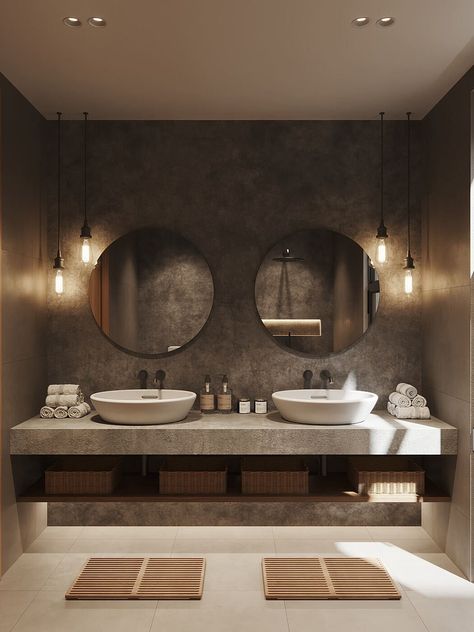 Prashanti Villa by Vastu Villa Studio www.fiori.com.au #bathroom #bathroomideas #bathroomdesign #designingabathroom #bathrooms #majorbathroomdesign #bathroomrenovation #bathroomdesignideas #modernbathroomdesign #bathroomrenovationideas #bathroomrenovationideasSydney #bathroomdesigntrends #bathroomdesignlayout Two Sink Bathroom Ideas, Double Vanity Lighting Ideas, Bathroom Tiles Ideas, Bathroom Lights Over Mirror, Modern Bathroom Mirrors, Modern Bathroom Tile, Bathroom Design Layout, White Bathroom Tiles, Concrete Bathroom