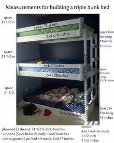 Easy Built in Triple Bunk Bed Measurement and Plans Dormitory Design, Triple Bunk Beds Plans, Boys Bed, Bed Measurements, Girls Bed, Bunk Bed Plans, Crowded House, Triple Bunk Beds, Lake Ideas