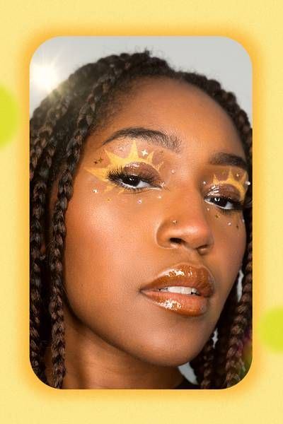 How to Create a Sun-Inspired Eye Makeup Look | Makeup.com Sun And Moon Costume Makeup, Golden Sun Makeup, Eclipse Inspired Makeup, Sun Make Up Halloween, Eclipse Eye Makeup, Sun Makeup Looks Halloween, Sunshine Makeup Looks, Sun Goddess Costume Dresses, Sun And Moon Eye Makeup