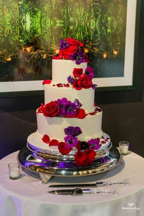 Wine Red And Purple Wedding, Red And Purple Cake Ideas, Purple Red Wedding Decor, Red And Purple Wedding Dress, Red Purple Black Gold Wedding, Purple And Red Wedding Theme Decor, Red And Purple Wedding Cake, Red And Lavender Wedding, Red And Purple Wedding Theme