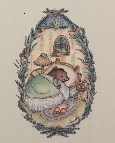 Cute Vintage Drawings, Storybook Art Tattoo, Little Bear Aesthetic, Comfy Art, Cozy Sleep, Whimsical Animal Art, Cozy Drawings, Cozy Painting, Little Bear