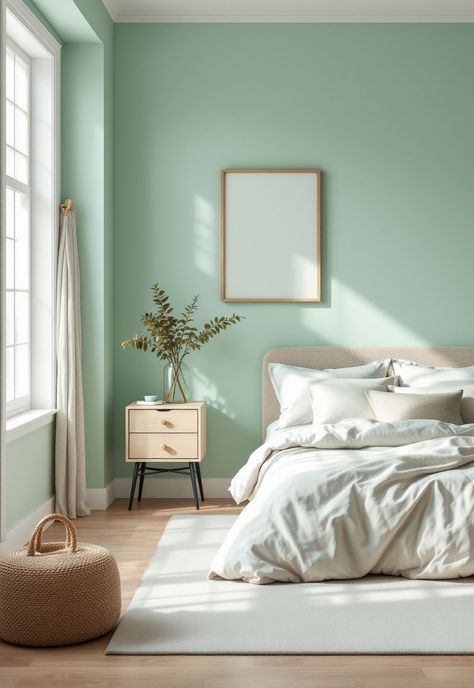 Men's Bedroom Ideas Bedroom Color Schemes White Walls, Mint Green And White Bedroom, Mint Green Bedroom Walls, Mint Blue Bedroom, Mint Green Bedroom Decor, Bedroom Mint Green, Mint Green Bedroom Ideas, Seafoam Green Bedroom, Mens Bedroom Ideas