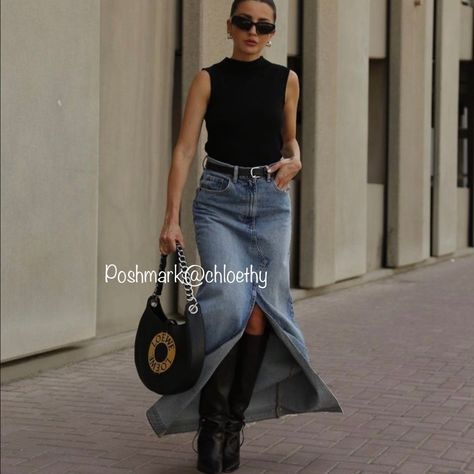 Florida Fall Fashion, Spring Maxi Skirt Outfit, Jean Skirt Outfits Fall, Flare Skirt Outfit, Denim Maxi Skirt Outfit, Long Denim Skirt Outfit, Summer Boots Outfit, Zara Denim Skirt, Spring Skirt Outfits