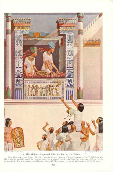 the royal couple by H. M. Herget, National Geographic, October 1941 p. 501. Nefertiti, Akhenaten, illustration, Ancient Egypt. http://mail.nysoclib.org/digital_archives/periodicals/National_Geographic/index/1940s/1941/241J.html Life In Ancient Egypt, Ancient Egyptian Architecture, Egypt Concept Art, Egypt Museum, Ancient Egypt History, Ancient Egypt Art, Queen Nefertiti, Old Egypt, Egypt History