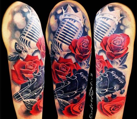 Realistic Tattoo by Tattoo Rascal | Tattoo No. 13153 Elvis Microphone Tattoo, 21 Tattoo Ideas, Elvis Microphone, Red Roses Tattoo, Mic Tattoo, Microphone Tattoo, 21 Tattoo, Music Sleeve, Beautiful Tattoo Designs