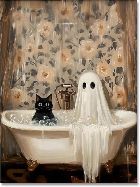 Amazon.com: Vintage Halloween Posters，Funny Bathroom Canvas Wall Art，Ghost and Black Cat in Bathtub Prints，Aesthetic Halloween Pictures Wall Decor for Bedroom 8 x 12 in Unframed: Posters & Prints Vintage Ghost Art, Cat Bathroom Art, Funny Cat Paintings, Aesthetic Halloween Pictures, Halloween Cat Painting, Funny Bathroom Pictures, Halloween Vintage Poster, Moody Bathroom Decor, Cat In Bathroom