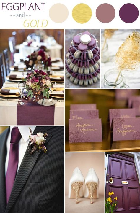 eggplant purple and gold fall wedding color ideas Gold Fall Wedding, Eggplant Wedding, Theme Carnaval, Purple And Gold Wedding, Wedding Color Scheme, Gold Wedding Colors, Plum Wedding, Wedding Color Combos, Wedding Colors Purple