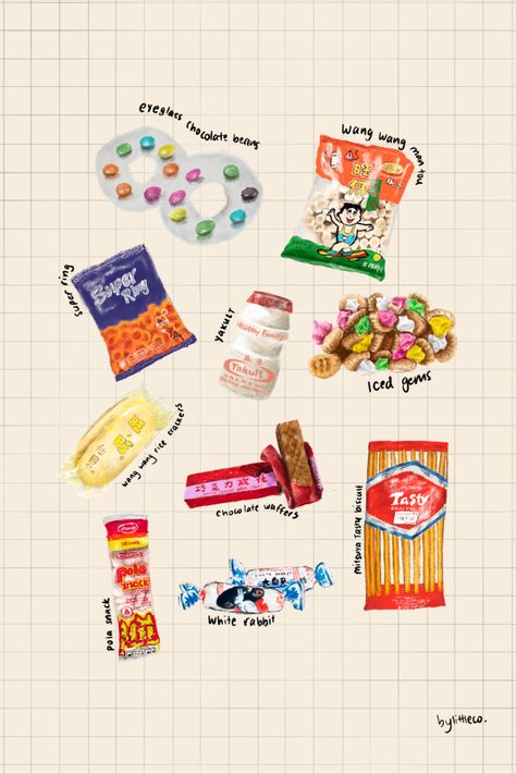 Asian childhood snacks illustration Malaysia Illustration Art, Singapore Childhood Snacks, Asian Childhood Snacks, Asian Snacks Illustration, Singapore Food Illustration, Asian Childhood, Snack Drawing, Snacks Illustration, Vintage Snacks