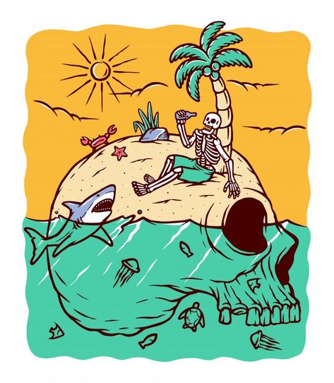 Island Illustration, Mystery Island, Skeleton Tattoos, Beach Illustration, Skulls Drawing, Skull Island, Tattoo Style Drawings, Skull Artwork, Dare To Be Different