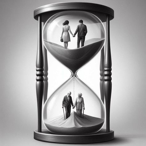 An hourglass with two separate sections, each containing a couple. The top section shows a young couple, holding hands, walking away from the viewer, with the sand falling around them, symbolizing the passage of time. The bottom section features the same couple as elderly, still holding hands, with the remaining sand gathered at their feet. The image should have a monochrome or grayscale color scheme to emphasize the theme of time and aging." Power Of Time Art, Hourglass Running Out Of Time, Art About Time, Geometric Wallpaper Hd, Holding Hands Walking, Dove Images, Passage Of Time, Meaningful Pictures, Couple Holding Hands