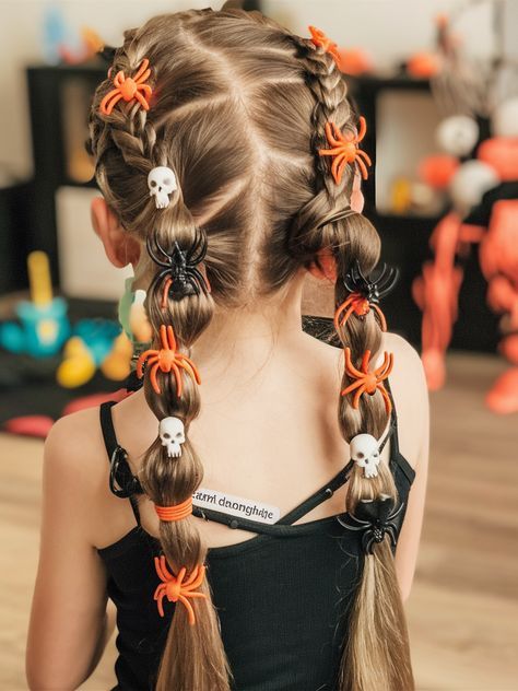 Spooky Hair Styles For Kids, Girls Ghost Hair Buns, Kids Spider Hair, October Hairstyles For Kids, Kid Halloween Hairstyles, Spooky Halloween Hairstyles, Halloween Girl Hairstyles, Easy Diy Hairstyles For Short Hair, Halloween Hairdos For Kids