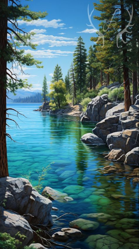 into a dreamscape where Lake Tahoe’s pristine reflections echo in a mesmerizing ballet of hues. Each ripple carries a lullaby of serenity, turning the canvas of water into a tranquil symphony, where nature whispers its secrets in shades of azure. #paintingoftheday #paintingoftheday #lakelife #laketahoe #landscapepainting #natureinspired #nature #naturelovers #lakehouse #lakelife #paintingoftheday Lake Tahoe Painting, Enchanted Lake, Drawing Cards, Green Scenery, Natural Playground, Lake Shore, Forest Pictures, Nature Pics, Lake Forest