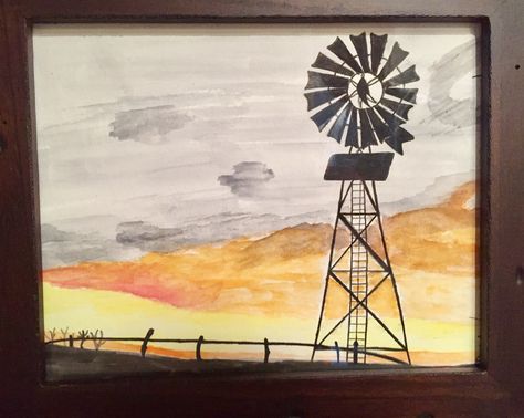 Sunset Windmill watercolor painting Windmill Drawing Simple, Painting Ideas Easy Simple Aesthetic, Windmill Painting Acrylic, Paintings Of Windmills, Water Colour Cards, Windmill Colors, Painting Ideas Easy Simple, Windmill Sunset Painting, Painting Ideas Easy