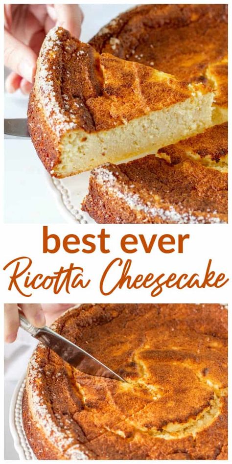 My absolute favorite Baked Ricotta Cheesecake! It is incredibly easy to make, very versatile with the flavoring - lemon, orange, vanilla - and lasts for days. #ricotta #cheesecake #cake #cheese #dessert Ricotta Cheese Pies, Easy Ricotta Cheesecake Recipes, Ricotta Cheese Recipes Dessert Low Carb, Baked Ricotta Dessert, Gluten Free Ricotta Cheesecake, Easy Ricotta Cake, Cheesecake With Ricotta And Cream Cheese, Cheesecake With Ricotta Cheese, Italian Ricotta Cheesecake Authentic