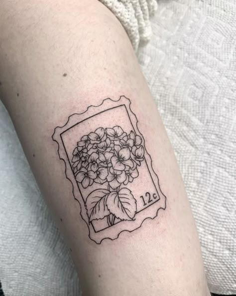 Hydrangea Sketch Tattoo, Hydrangea Stamp Tattoo, Black And White Hydrangea Tattoo, Hydrengas Tattoos, Hydrangea Fine Line Tattoo, Plant Stamp Tattoo, Missouri Tattoo, Tattoo Hydrangea, Small Hydrangea Tattoo