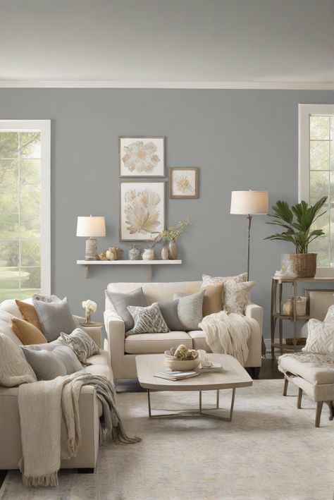 Step into a world of elegance and tranquility with Horizon Gray (2141-50) in your bedroom. This soft gray hue creates a moody atmosphere perfect for unwinding after a long day. Dive into our daily interior designer routine for inspiring decor ideas! #Ad #homedecor #homedesign #wallpaints2024 #Painthome #interiorarchitecture Wall Colors Green Living Room Colors Bright Living Room Colors Apartment Renovation Living room Remodeling Modern Paint Colors 2024 Adding Warmth To A Grey Room, Living Room Paint Ideas Color Schemes, Gray Wall Living Room, Gray Living Room Walls, Gray Walls Living Room, Light Gray Living Room, Colorful Living Room Bright, Renovation Living Room, Paint Colors 2024